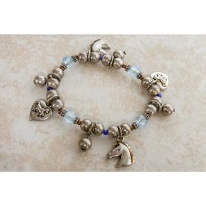 Vintage Silver Tone Equestrian Horse Charm Stretch Bracelet , Small Wrist